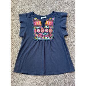 THML Sleeveless Blouse Boho Size Small Navy Floral Embroidery 100% Cotton